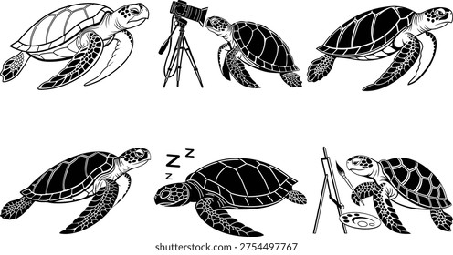 Sea turtles engaging in various activities with black and white animals wildlife
