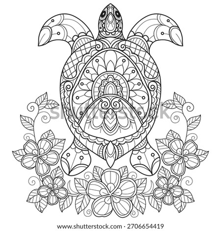 Sea turtles and flowers hand drawn for adult coloring book