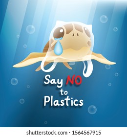 Sea turtles hit a plastic bag over their heads because they thought they were edible in the ocean. Vector illustration.