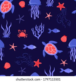 Sea turtles, jellyfish and fish on a blue background. Sea animals, illustration of the underwater world. Seamless pattern