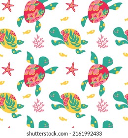 Sea turtles. Marine life. Kids illustration. Seamless pattern for fabric, wrapping, textile, wallpaper, clothes. Vector.
