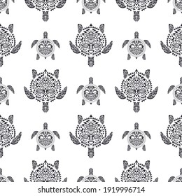 Sea Turtles. Polynesian tribal pattern. Seamless Vector background.