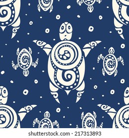 Sea Turtles. Polynesian tribal pattern. Seamless Vector background.