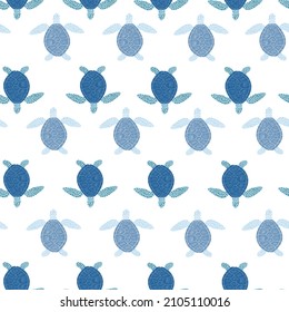 Sea turtles seamless pattern. Cute marine turtle in doodle style. Beautiful animals texture for fabric, wrapping paper, wallpaper, tissue, illustration.