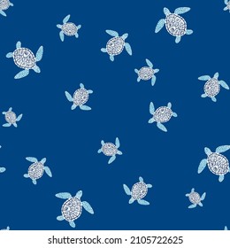 Sea turtles seamless pattern. Cute marine turtle in doodle style. Beautiful animals texture for fabric, wrapping paper, wallpaper, tissue, illustration.