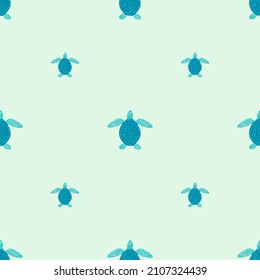 Sea turtles seamless pattern. Cute marine turtle in doodle style. Beautiful animals texture for fabric, wrapping paper, wallpaper, tissue, illustration.