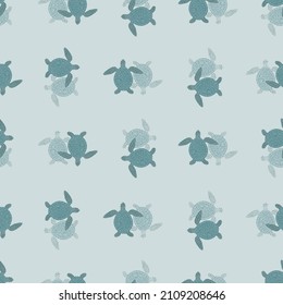 Sea turtles seamless pattern. Cute marine turtle in doodle style. Beautiful animals texture for fabric, wrapping paper, wallpaper, tissue, illustration.
