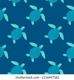 Sea turtles seamless pattern. Cute marine turtle in doodle style. Beautiful animals texture for fabric, wrapping paper, wallpaper, tissue, illustration.