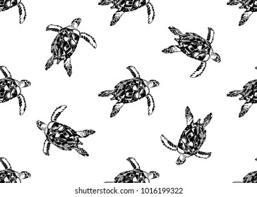 Sea turtles seamless pattern on white background. Monochrome turtle. Vector illustration for print, textile, paper