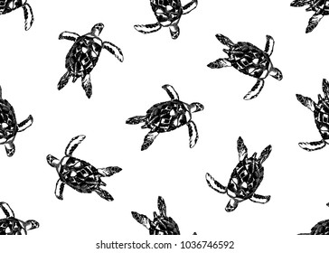 Sea turtles seamless pattern on white background. Monochrome turtle. Vector illustration for print, textile, paper