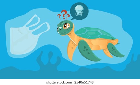 Sea turtles see plastic bags as jellyfish, Vector flat illustration.