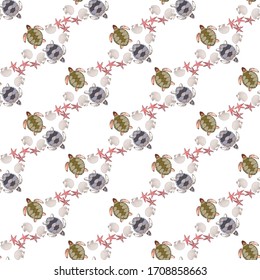 Sea turtles with shells and starfish.