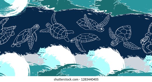 Sea turtles silhouette. Turtles on dark blue background. Vector illustration.