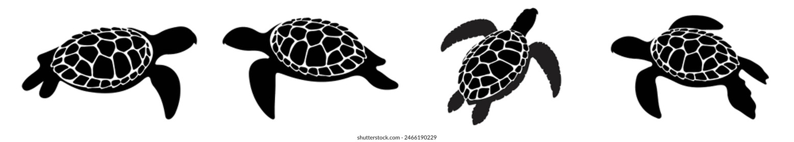 Sea Turtles Silhouette set isolated on white background. Turtles Vector Illustration. Turtles Art work.