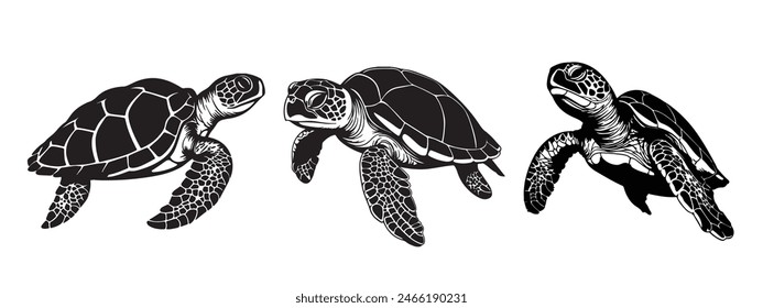 Sea Turtles Silhouette set isolated on white background. Turtles Vector Illustration. Turtles Art work.