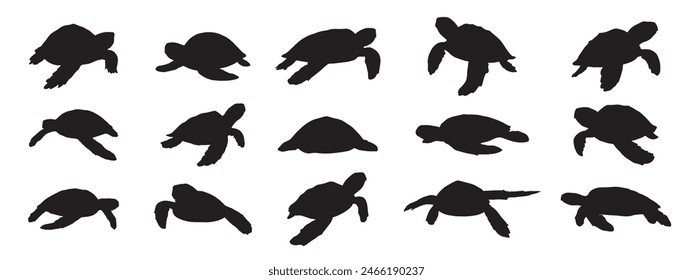 Sea Turtles Silhouette set isolated on white background. Turtles Vector Illustration. Turtles Art work.