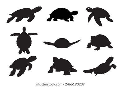 Sea Turtles Silhouette set isolated on white background. Turtles Vector Illustration. Turtles Art work.