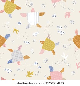 Sea Turtles Small Fish Vector Seamless Pattern. Swimming Ocean Creatures Background. Scandinavian Decorative Childish Surface Design For Nautical Nursery Kids Fabric.