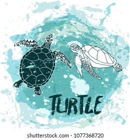 Sea turtles swim in the spray of the ocean. Vector illustration
