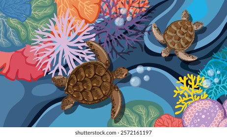 Sea turtles swimming among colorful coral reefs