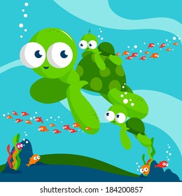 Sea turtles swimming underwater. Vector Illustration