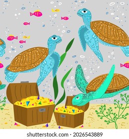 Sea turtles with treasure chests at the bottom of the sea. Turtles border sea pattern. Treasure hunt for children