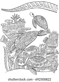 Sea turtles underwater with corals. Underwater vector illustration. Black line bordered doodle coloring page. Summer vacation marine travel adult coloring book. Corals and sea tortoise vertical card