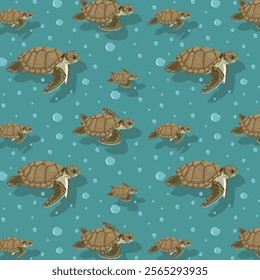 Sea turtles in vector pattern.Vector seamless pattern with sea turtles on a blue background with shadow.