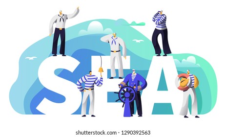 Sea Typography Banner Sailor Character. Old Beard Captain at Steering Wheel Sail to Adventure. Marine Character in Stripped Vest Ring Ships Bell Poster Template Flat Cartoon Vector Illustration