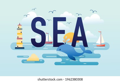 Sea Typography With Sea View and Ocean Objects, Vector, Illustration