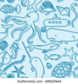 Sea under water fauna submarine fish hand drawn doodle vector seamless pattern