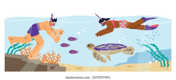 Sea underwater adventure banner with couple exploring marine life through snorkeling and diving, flat vector illustration. Snorkeling and diving recreational activity