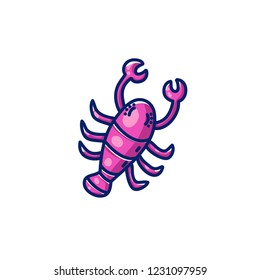 Sea underwater animal sticker illustration in cartoon doodle style with outline. Pink crayfish