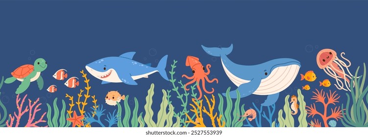 Animais marinhos subaquáticos. Vida marinha sem emenda fronteira com peixes oceânicos, plantas, algas, corais, flora da natureza. Baleia infantil, tartaruga, água-viva. Conceito vetorial.