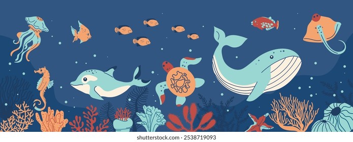 Animais marinhos subaquáticos. Oceano animais marinhos selvagens e peixes. Desenhos animados do mundo submarino natural com peixes exóticos bonitos, coral aquático, planta oceânica e algas coloridas. Conceito vetorial.