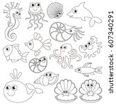 Sea underwater animals set to be colored, the big coloring book for preschool kids with easy educational gaming level.