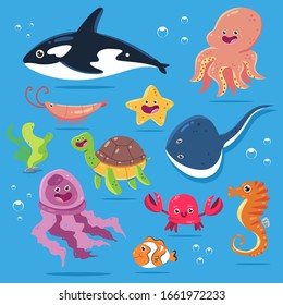 Sea and underwater animals vector cartoon set isolated on a white background.
