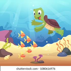 Sea underwater background with cartoon turtle