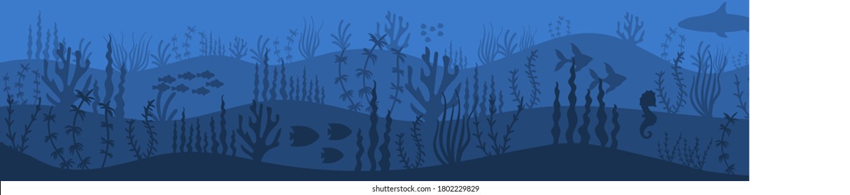 Sea underwater background. Deep blue water, coral reef and underwater plants with fish. Silhouette of coral reef with fish and scuba diver on a blue sea background. Vector illustration.