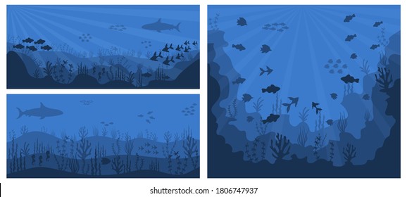 Sea underwater background. Deep blue water, coral reef and underwater plants with fish. Silhouette of coral reef with fish and scuba diver on a blue sea background. Vector illustration.