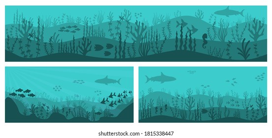 Sea underwater background. Deep blue water, coral reef and underwater plants with fish. Silhouette of coral reef with fish and scuba diver on a blue sea background. Vector illustration.