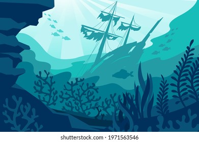 Sea underwater background. Deep ocean bottom with seaweeds, sunken ship, coral and fishes silhouettes. Undersea diving quiet seascape vector panorama. Wild fauna life with wrecked vessel