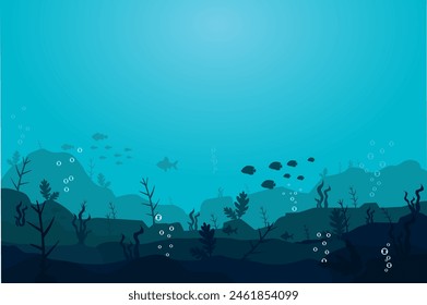 Sea underwater background. Marine sea bottom. Panoramic seascape with underwater plants, corals and fishs