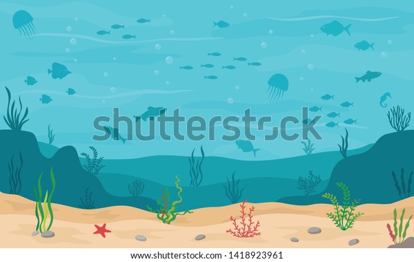 海中の背景 海底に水中植物 サンゴ 魚が生息する パノラマシースケープ ベクターイラスト のベクター画像素材 ロイヤリティフリー