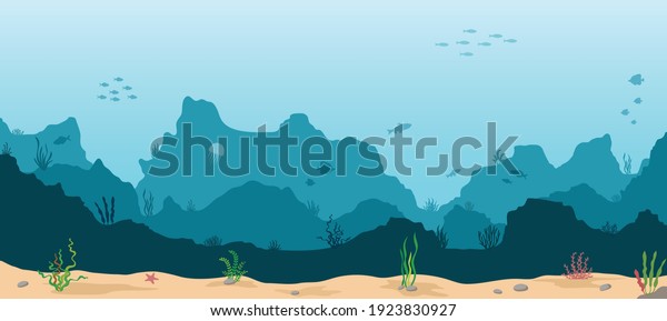 Sea underwater background. Marine sea\
bottom with underwater plants, corals and fishs. Panoramic\
seascape. Vector\
illustration.