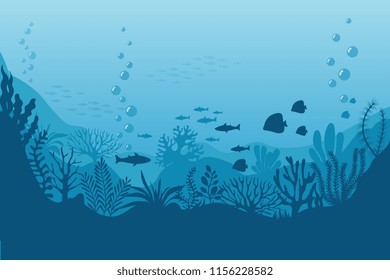 Sea underwater background. Ocean bottom with seaweeds. Vector marine scene. Ocean scene, sea underwater, undersea life on bottom illustration
