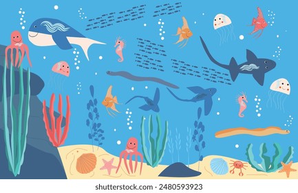 Sea underwater background. Ocean bottom with animals and seaweeds. Vector marine.
