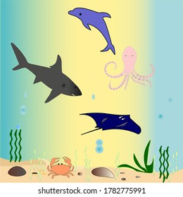 Sea underwater blue landscape. Template background of underwater tropical marine life with fish, shark, octopus, jelly fish and more. Isolated. Vector.