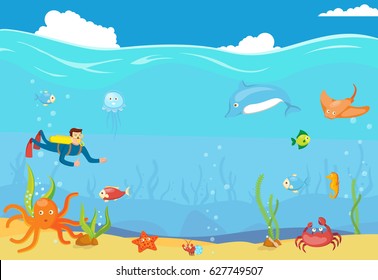 Sea underwater blue landscape. Template background of underwater tropical marine life with dolphin, octopus, fish, diver and more. Isolated. Vector.