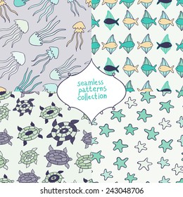 Sea underwater blue seamless pattern collection.